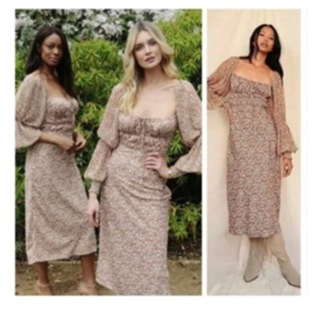 Free People Aglow Midi Dress Long Puff Sleeve Smock Open Back Large NWOT - Picture 14 of 14
